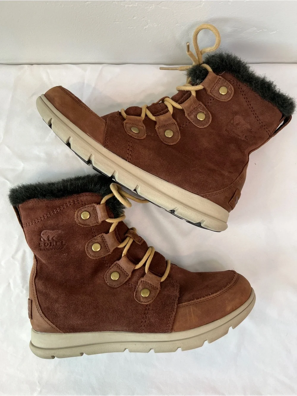 Sorel Explorer Joan Waterproof Suede Winter Boots Burro Brown Womens Size 8 NL30